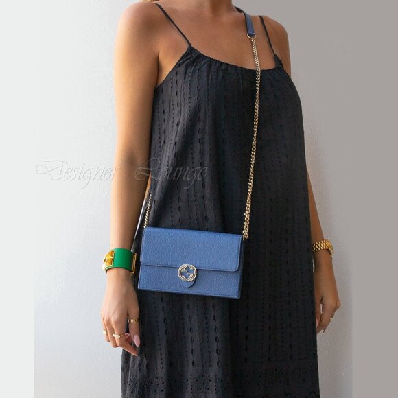 SOLD! NEW GUCCI Interlocking GG Blue Leather Crossbody Wallet On Chain Bag - Picture 3 of 15